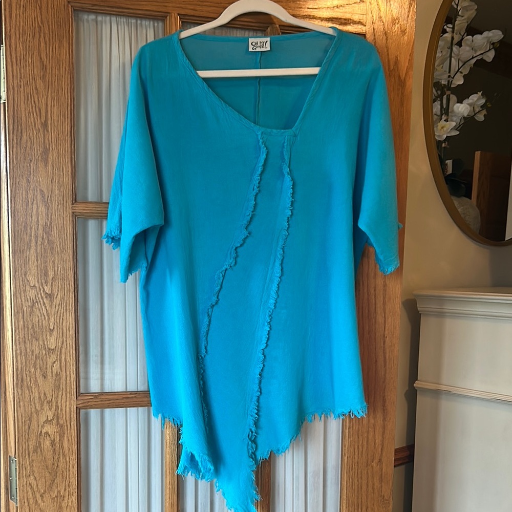 Oh My Gauze! Vibrant Turquoise Asymmetrical Top with Fringe